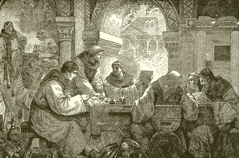 Mediaeval कल्चर - एक कॉन्वेंट इल्युमिनेटिंग और ट्रांसक्रिप्शनिंग बुक्स में भिक्षु द्वारा अंग्रेजी स्कूल