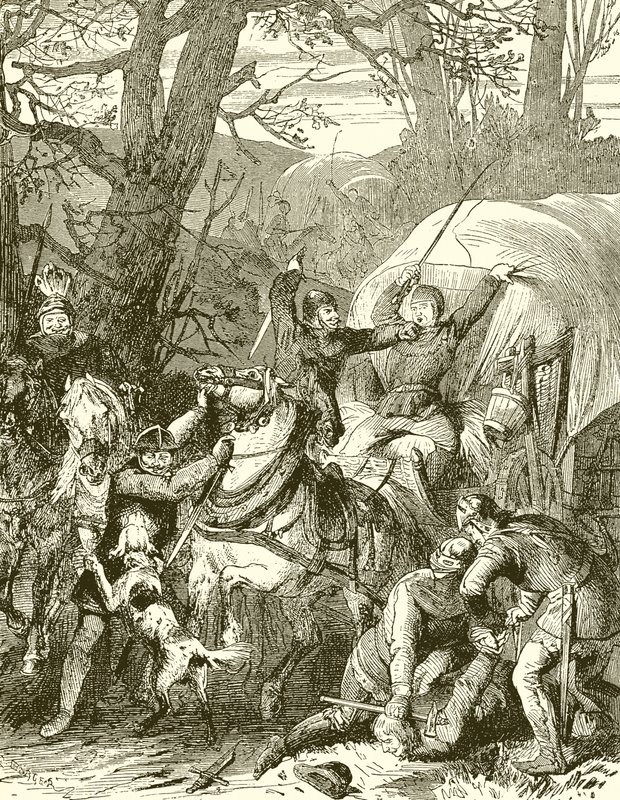 Mediaeval सीमा शुल्क। एक व्यापारी कारवां पर हमला करने वाले रॉबर्स नाइट्स द्वारा अंग्रेजी स्कूल