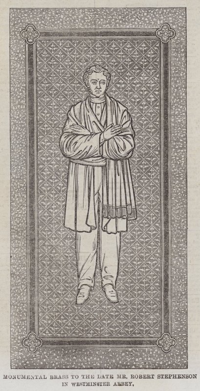 वेस्टमिंस्टर एब्बे में स्वर्गीय श्री रॉबर्ट स्टीफेंसन को स्मारक पीतल (उत्कीर्णन) द्वारा अंग्रेजी स्कूल