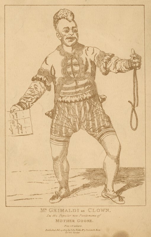 श्री जोसेफ ग्रिमाल्डी को लोकप्रिय पैंटमाइम मदर गूज में जोकर के रूप में द्वारा अंग्रेजी स्कूल