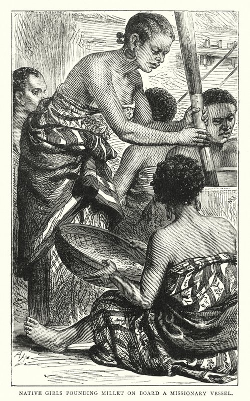 मिशनरी वेसल (रंगीन उत्कीर्णन) पर बाजरा फोड़ती मूल निवासी लड़कियां द्वारा अंग्रेजी स्कूल