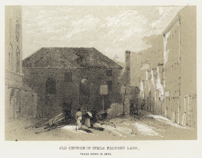 इंकल फैक्ट्री लेन में पुराना चर्च, 1845 में गिराया गया (उत्कीर्णन) द्वारा अंग्रेजी स्कूल