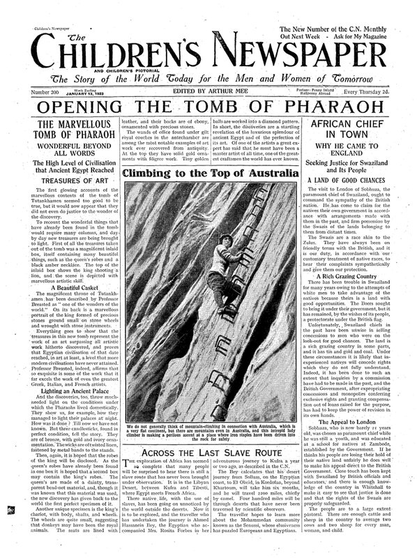 फिरौन के मकबरे को खोलना, द चिल्ड्रेन न्यूजपेपर से चित्रण, 13 जनवरी 1923 (अखबारी कागज) द्वारा अंग्रेजी स्कूल