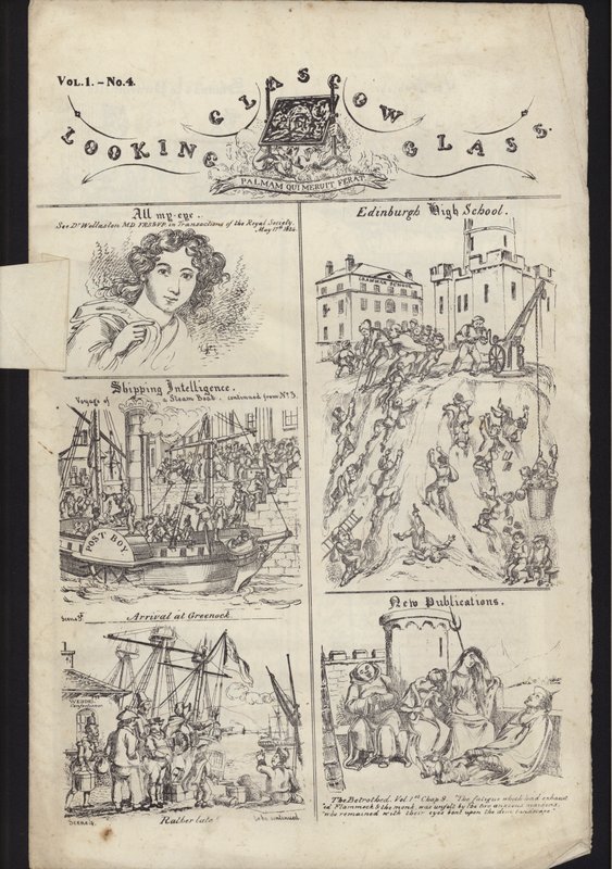 23 जुलाई 1835 को प्रकाशित ग्लासगो मेले के बारे में पत्रक से पृष्ठ (उत्कीर्णन) द्वारा अंग्रेजी स्कूल