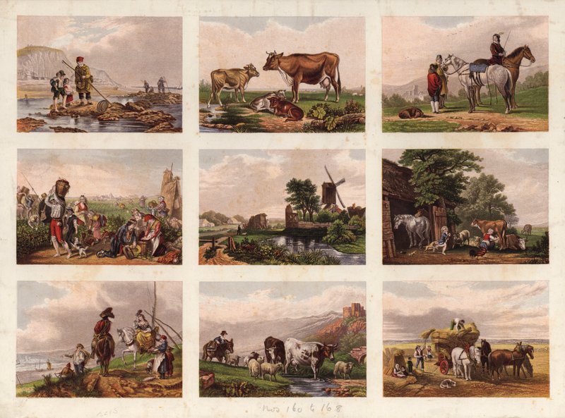 विक्टोरियन मुद्रित स्क्रैप का पृष्ठ (रंगीन उत्कीर्णन) द्वारा अंग्रेजी स्कूल