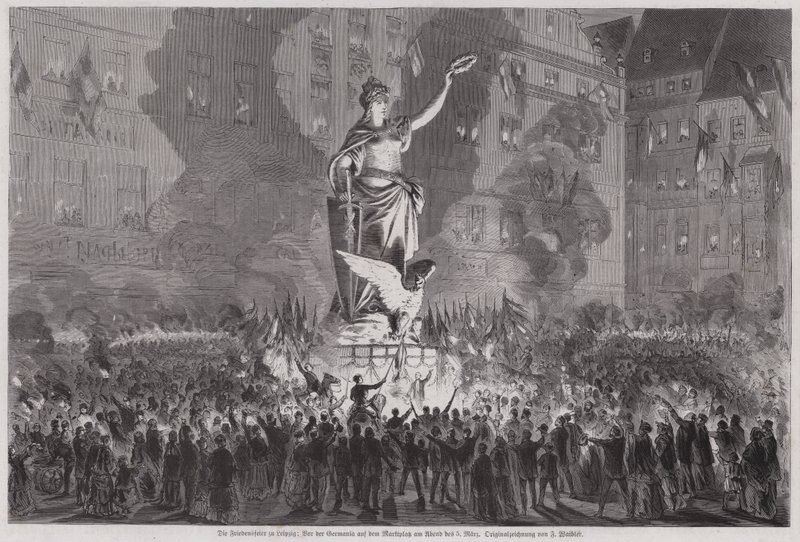 5 मार्च 1870 की शाम को जर्मनी के लीपज़िग के बाज़ार चौक में जर्मनिया की मूर्ति के सामने शांति समारोह (उत्कीर्णन) द्वारा अंग्रेजी स्कूल