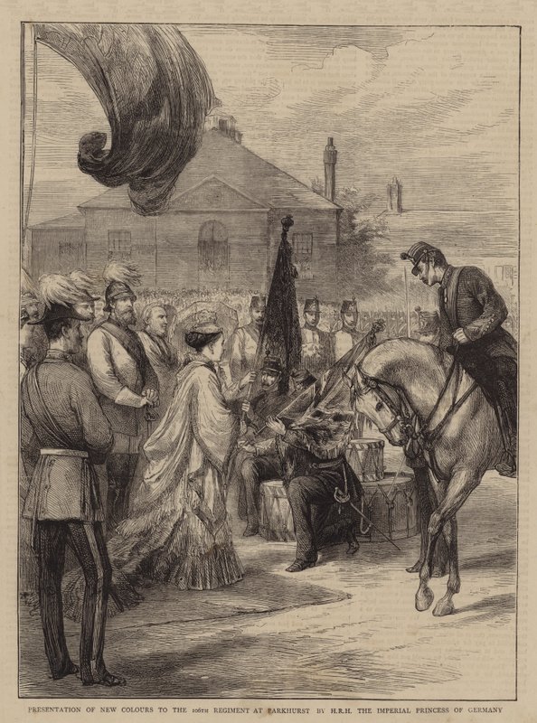 एचआरएच जर्मनी की शाही राजकुमारी (उत्कीर्णन) द्वारा पार्कहर्स्ट में 106 वीं रेजिमेंट के लिए नए रंगों की प्रस्तुति द्वारा अंग्रेजी स्कूल