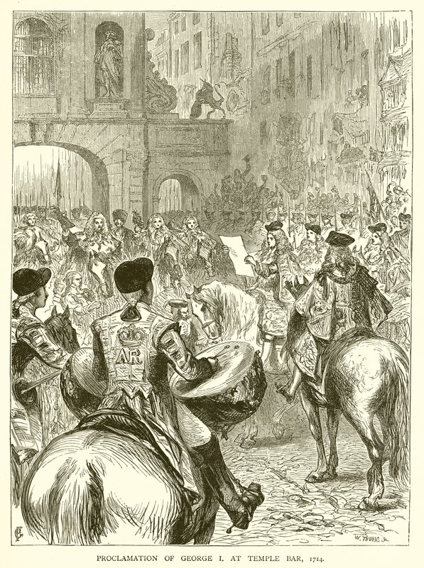 टेम्पल बार, 1714 में जॉर्ज I की घोषणा द्वारा अंग्रेजी स्कूल