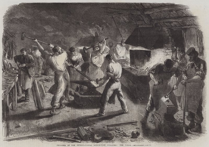 अंतर्राष्ट्रीय प्रदर्शनी भवन की प्रगति, फोर्ज (उत्कीर्णन) द्वारा अंग्रेजी स्कूल