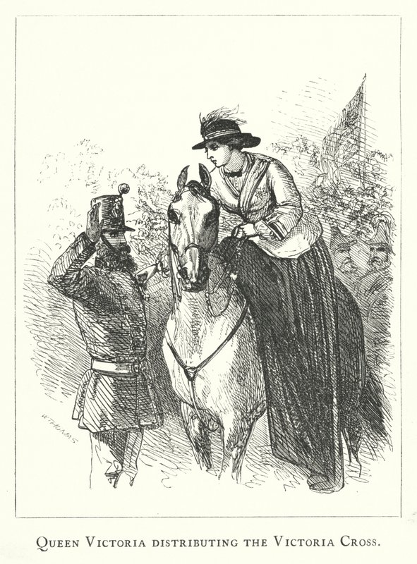 विक्टोरिया क्रॉस वितरित करती महारानी विक्टोरिया (उत्कीर्णन) द्वारा अंग्रेजी स्कूल