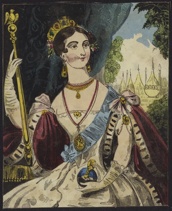रानी विक्टोरिया एक ओर्ब और राजदंड (रंग उत्कीर्णन) पकड़े द्वारा अंग्रेजी स्कूल
