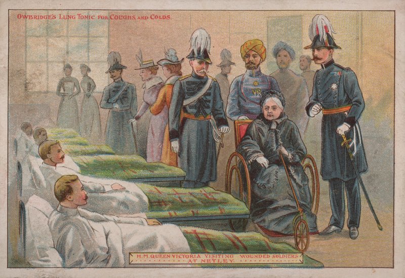 महारानी विक्टोरिया ने 1898 के हैम्पशायर के नेटली अस्पताल में घायल ब्रिटिश सैनिकों का दौरा किया द्वारा अंग्रेजी स्कूल
