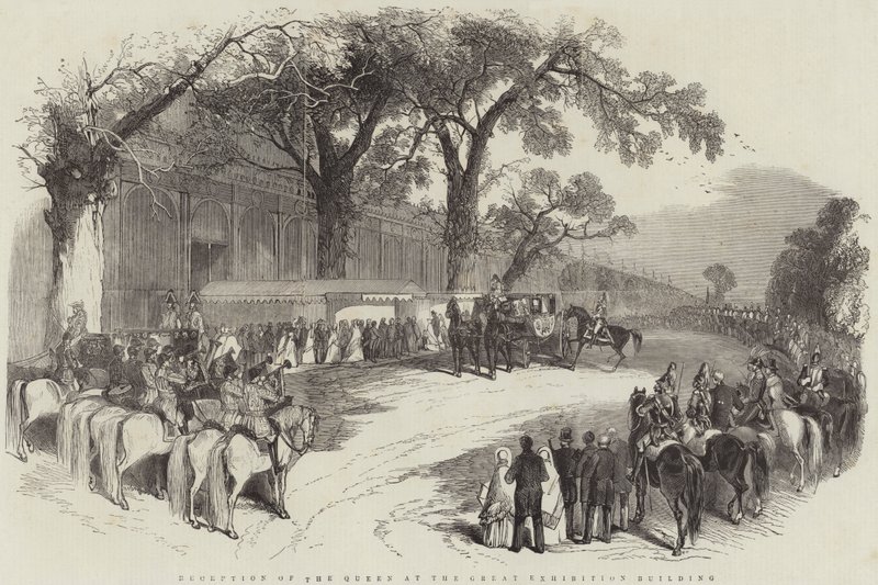 ग्रेट एग्जिबिशन बिल्डिंग में महारानी का स्वागत (उत्कीर्णन) द्वारा अंग्रेजी स्कूल