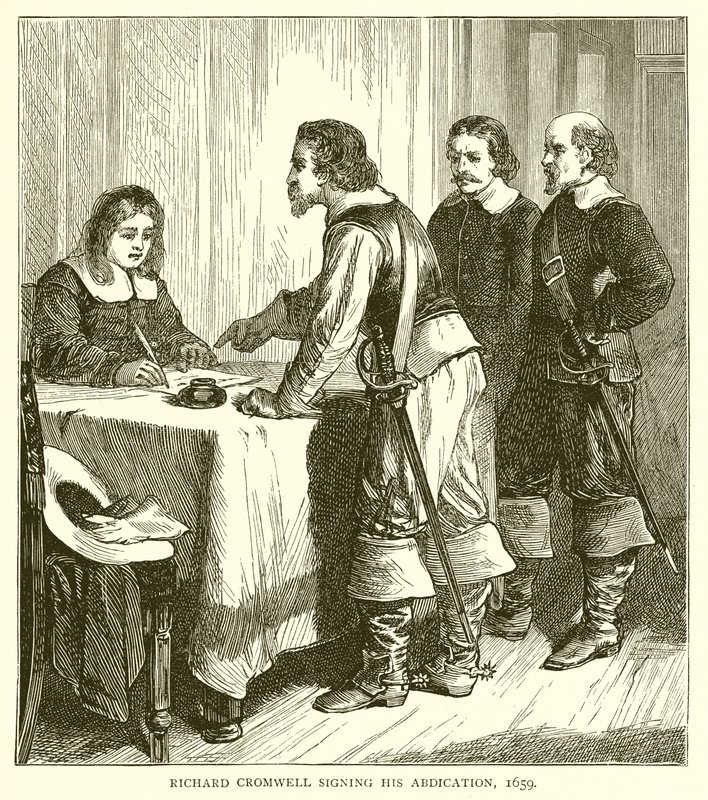 रिचर्ड क्रॉमवेल ने अपने अब्दिकेशन, 1659 पर हस्ताक्षर किए द्वारा अंग्रेजी स्कूल