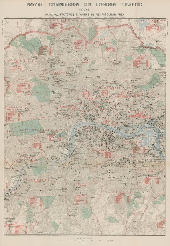 लंदन ट्रैफ़िक का रॉयल कमीशन, 1904; प्रधान कारखाने और महानगर क्षेत्र में काम करता है द्वारा अंग्रेजी स्कूल