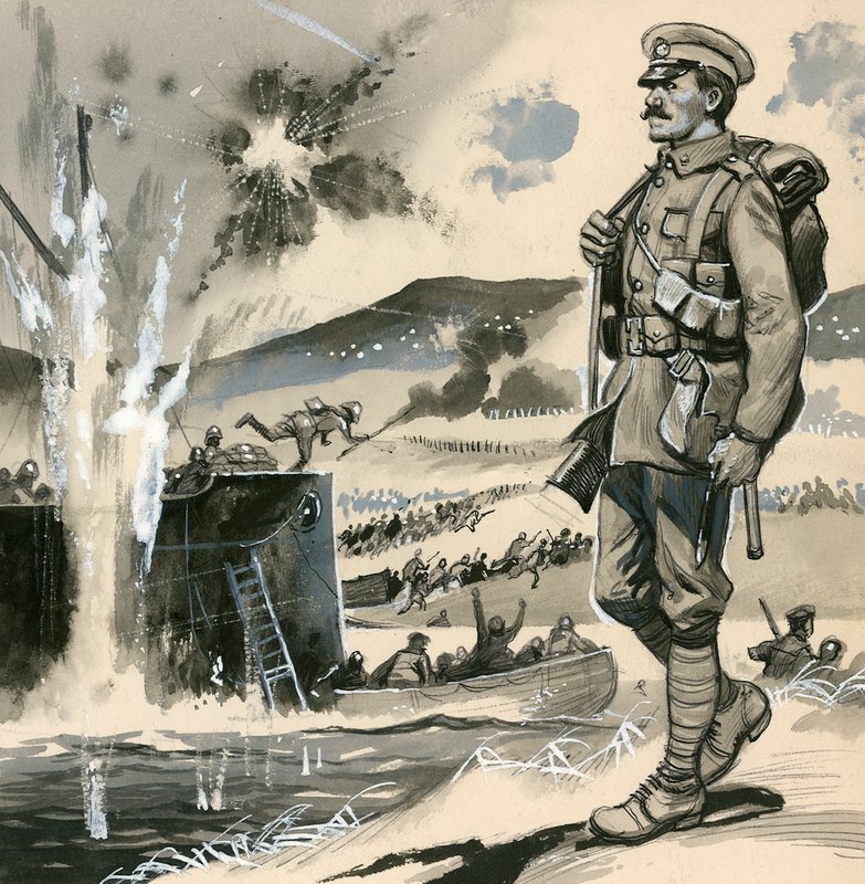 1915 में Dardanelles में उभयचर लैंडिंग में रॉयल मरीन द्वारा अंग्रेजी स्कूल