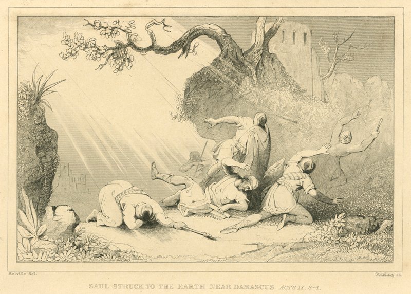 शाऊल ने दमिश्क के पास पृथ्वी पर प्रहार किया, प्रेरितों के काम IX, 3-4 (उत्कीर्णन) द्वारा अंग्रेजी स्कूल