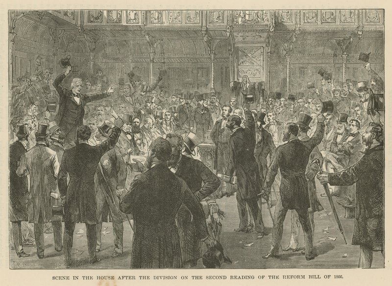 1866 के सुधार विधेयक के दूसरे पढ़ने पर विभाजन के बाद हाउस ऑफ कॉमन्स में दृश्य द्वारा अंग्रेजी स्कूल