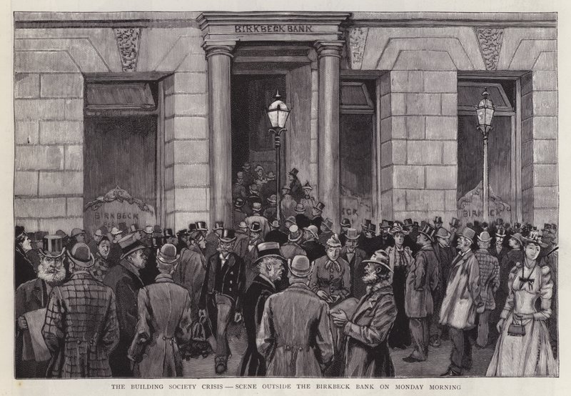 1892 के बिल्डिंग सोसायटी संकट के दौरान लंदन के बिर्कबेक बैंक के बाहर का दृश्य (लिथो) द्वारा अंग्रेजी स्कूल