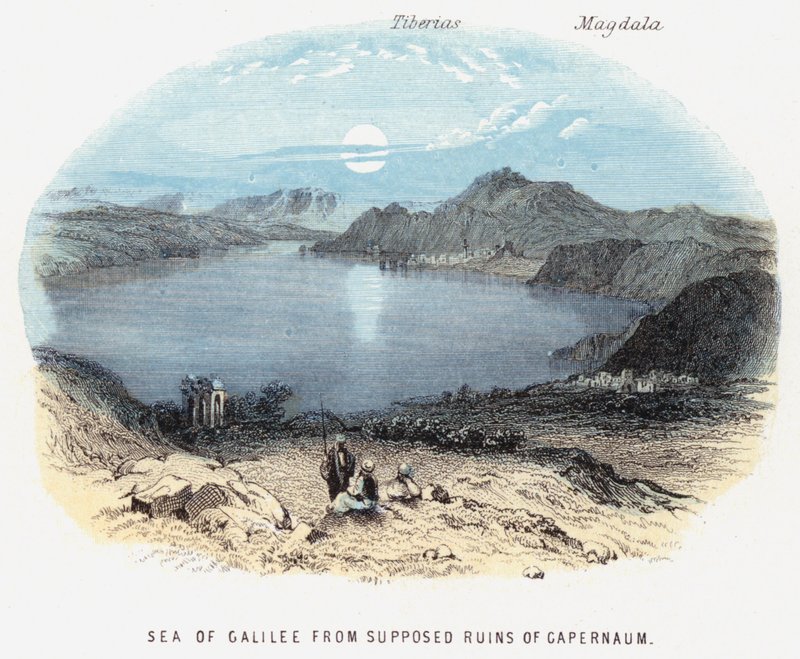 गैपेरनम के कथित खंडहरों से गलील का सागर (रंगीन उत्कीर्णन) द्वारा अंग्रेजी स्कूल