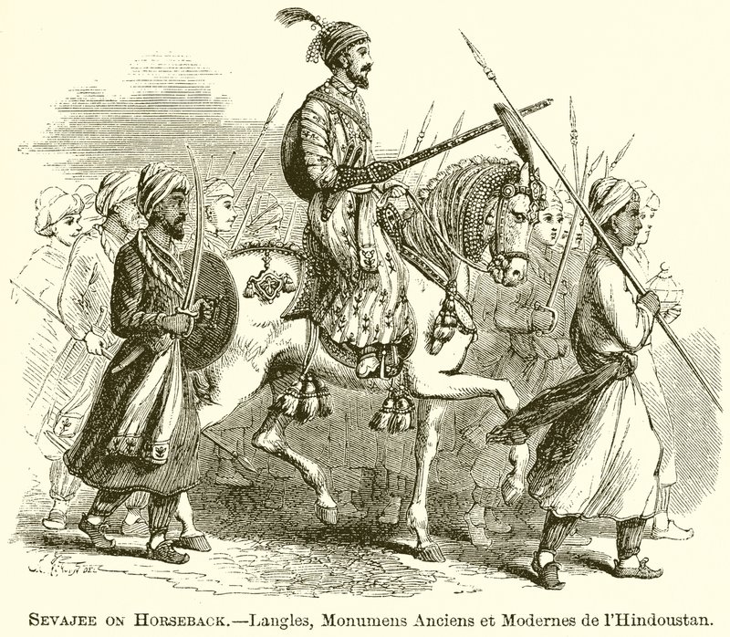 सेवाजी ऑन हॉर्सबैक ।-- लैंगल्स, हिंदुस्तान के प्राचीन और आधुनिक स्मारक द्वारा अंग्रेजी स्कूल