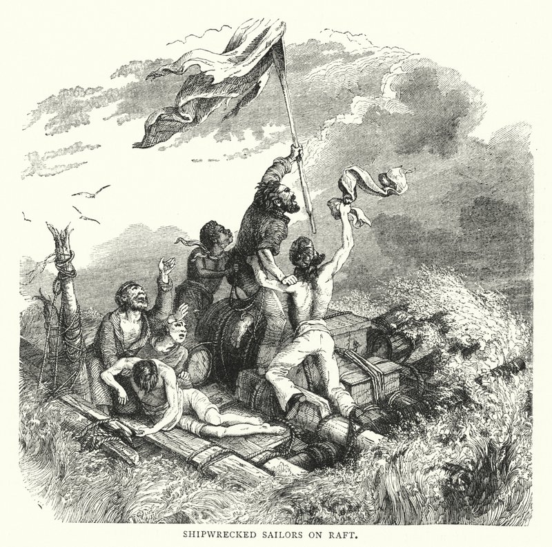 बेड़ा पर जहाज़ की तबाही मचाने वाले नाविक (रंगीन उत्कीर्णन) द्वारा अंग्रेजी स्कूल