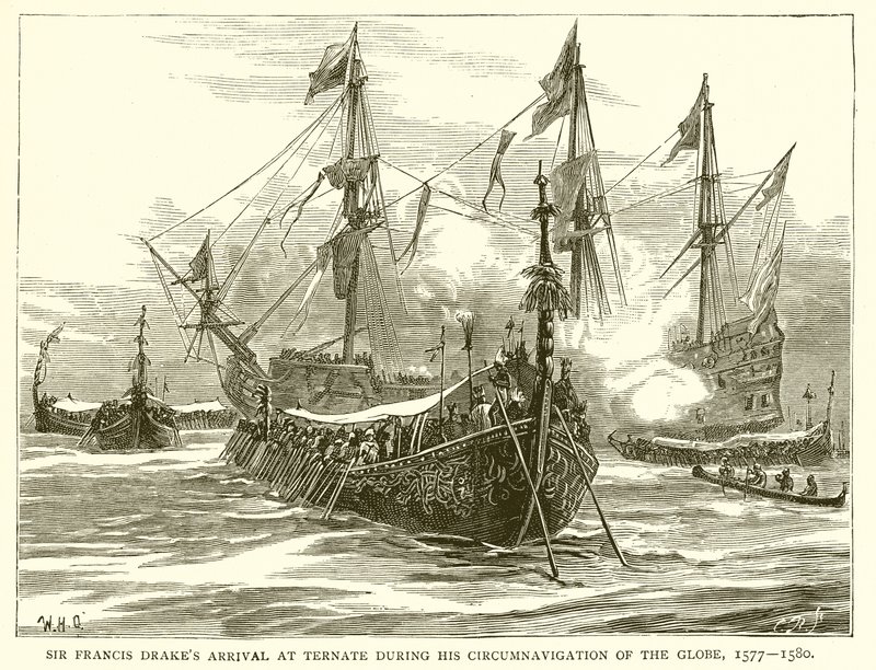 1577--1580 के ग्लोब के अपने पूर्वनिर्देशन के दौरान सर फ्रांसिस ड्रेक्स टरनेट पहुंचे द्वारा अंग्रेजी स्कूल