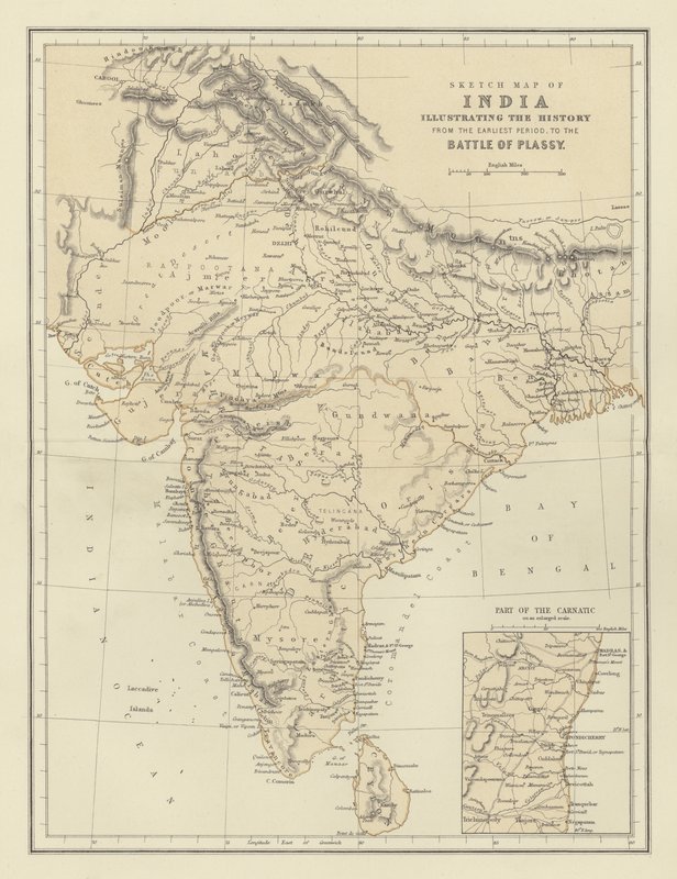 भारत का स्केच मैप, प्लासी की लड़ाई के शुरुआती काल से इतिहास को दर्शाता है द्वारा अंग्रेजी स्कूल