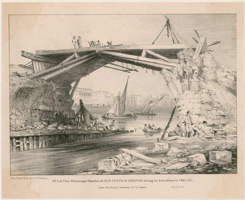 1831, 1832 में अपने विध्वंस के दौरान ओल्ड लंदन ब्रिज का स्केच द्वारा अंग्रेजी स्कूल