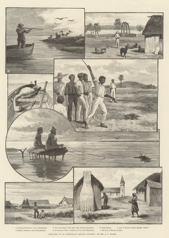 एक ऑस्ट्रेलियाई मिशन स्टेशन पर रेखाचित्र (उत्कीर्णन) द्वारा अंग्रेजी स्कूल
