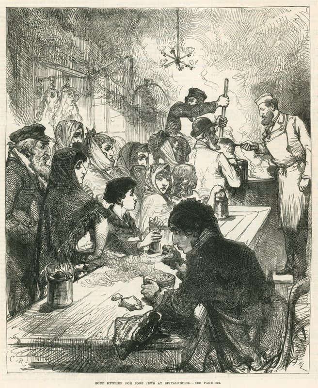 Spitalfields, लंदन में खराब jews के लिए सूप रसोई द्वारा अंग्रेजी स्कूल