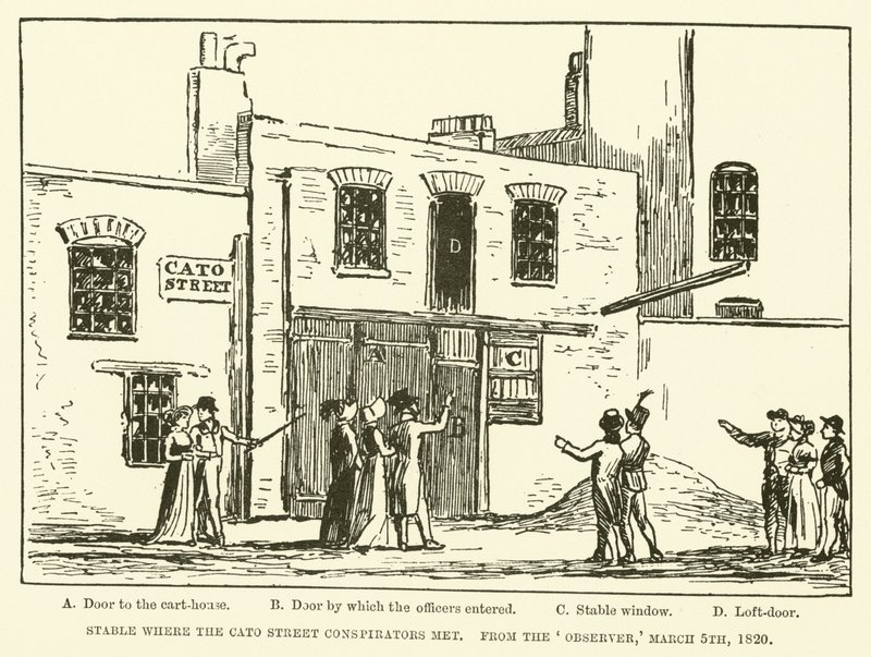 स्थिर जहां कैटो स्ट्रीट साजिशकर्ता मिले, ऑब्जर्वर से, 5 मार्च 1820 (उत्कीर्णन) द्वारा अंग्रेजी स्कूल