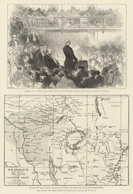 रॉयल ज्योग्राफिकल सोसाइटी के लिए स्टेनली का व्याख्यान (उत्कीर्णन) द्वारा अंग्रेजी स्कूल