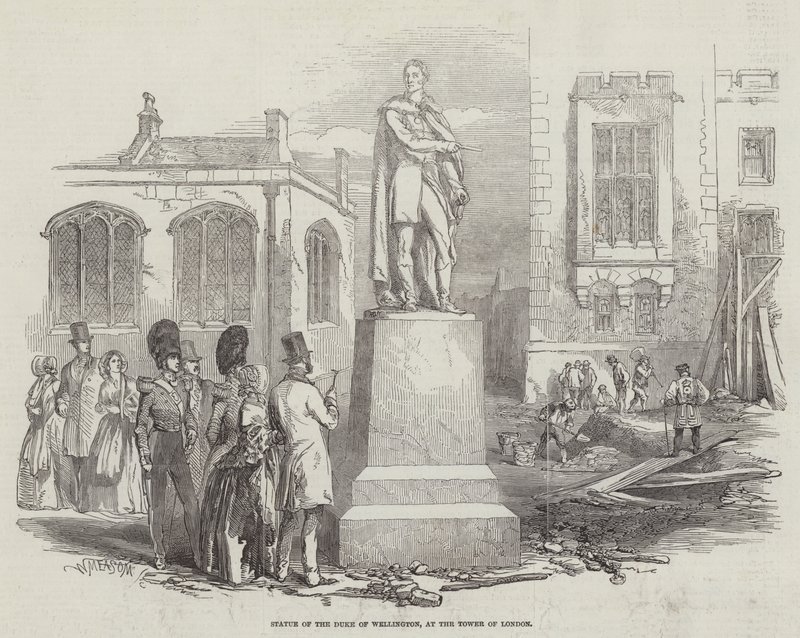 लंदन के टॉवर पर ड्यूक ऑफ वेलिंगटन की मूर्ति (उत्कीर्णन) द्वारा अंग्रेजी स्कूल