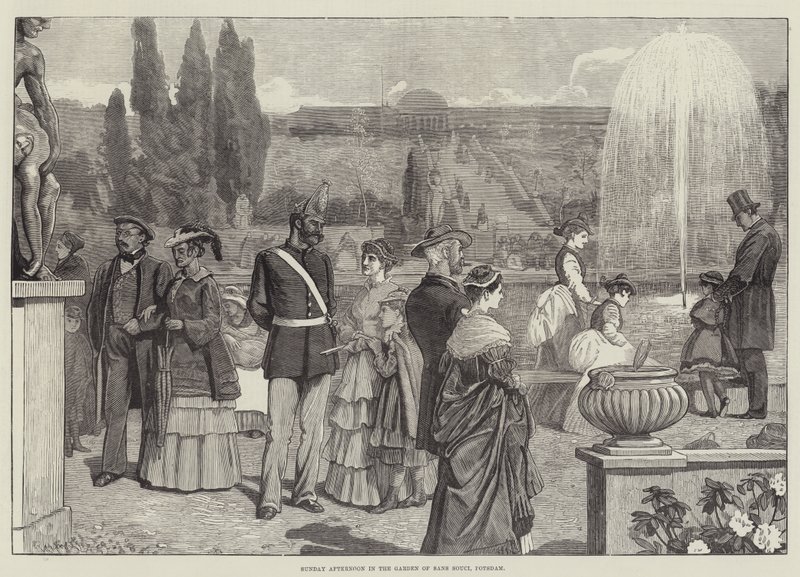 संस सूसी के बगीचे में रविवार दोपहर, पॉट्सडैम (उत्कीर्णन) द्वारा अंग्रेजी स्कूल