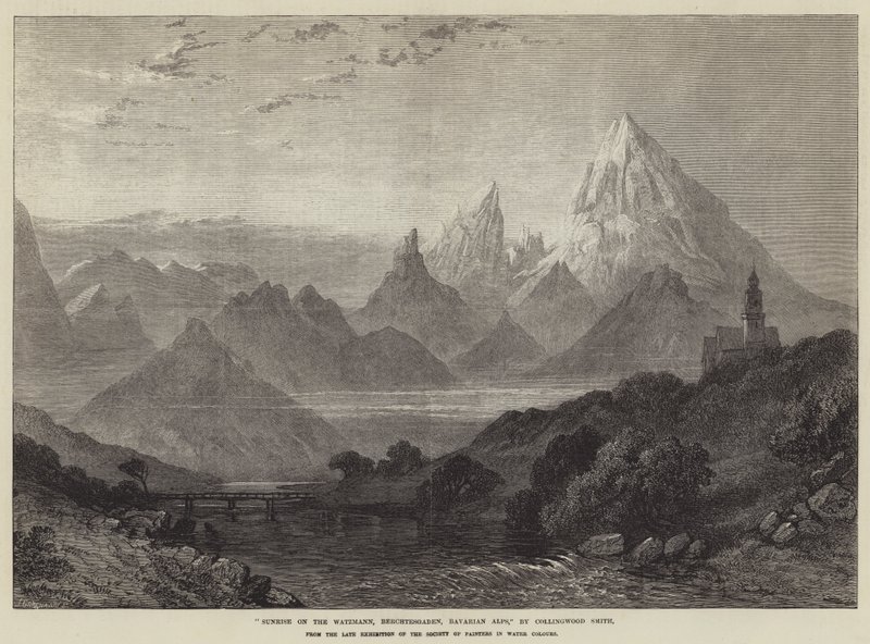 Watzmann, Berchtesgaden, Bavarian आल्प्स (उत्कीर्णन) पर सूर्योदय द्वारा अंग्रेजी स्कूल
