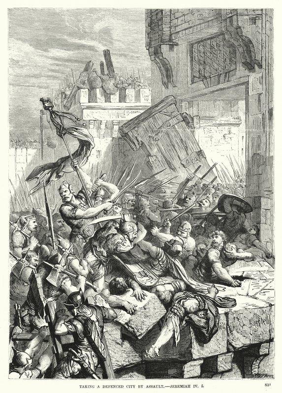 आक्रमण द्वारा एक सुरक्षित शहर लेना, यिर्मयाह IV, 5 (उत्कीर्णन) द्वारा अंग्रेजी स्कूल