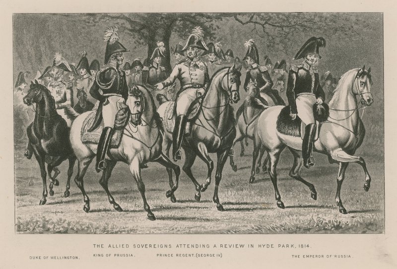एलाइड सॉवरिन, हाइड पार्क, 1814 में समीक्षा में भाग लेते हैं द्वारा अंग्रेजी स्कूल