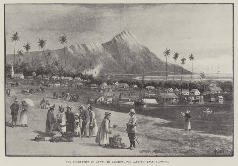 अमेरिका द्वारा हवाई का अनुलग्नक, लैंडिंग-प्लेस, होनोलूलू (उत्कीर्णन) द्वारा अंग्रेजी स्कूल
