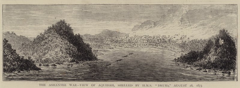 अशांती युद्ध, एक्वीडा का दृश्य, एचएमएस "ड्र्यूड" द्वारा खोली गई, 28 अगस्त 1873 (उत्कीर्णन) द्वारा अंग्रेजी स्कूल