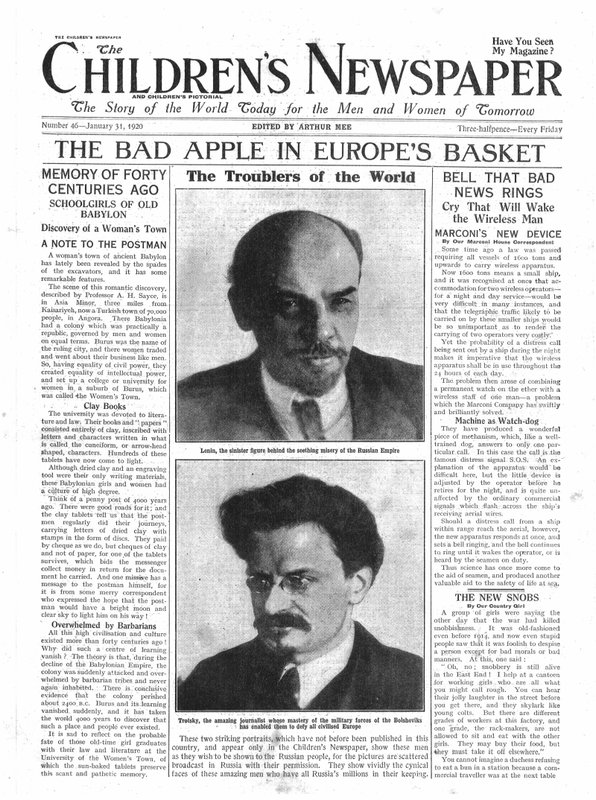 यूरोप की टोकरी में खराब सेब, &39;द चिल्ड्रन न्यूजपेपर&39; का फ्रंट पेज, 1920 जनवरी (न्यूज़प्रिंट) द्वारा अंग्रेजी स्कूल