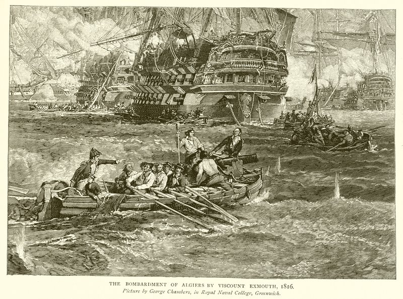 विस्काउंट एक्समाउथ द्वारा अल्जीयर्स की बमबारी, 1816 द्वारा अंग्रेजी स्कूल