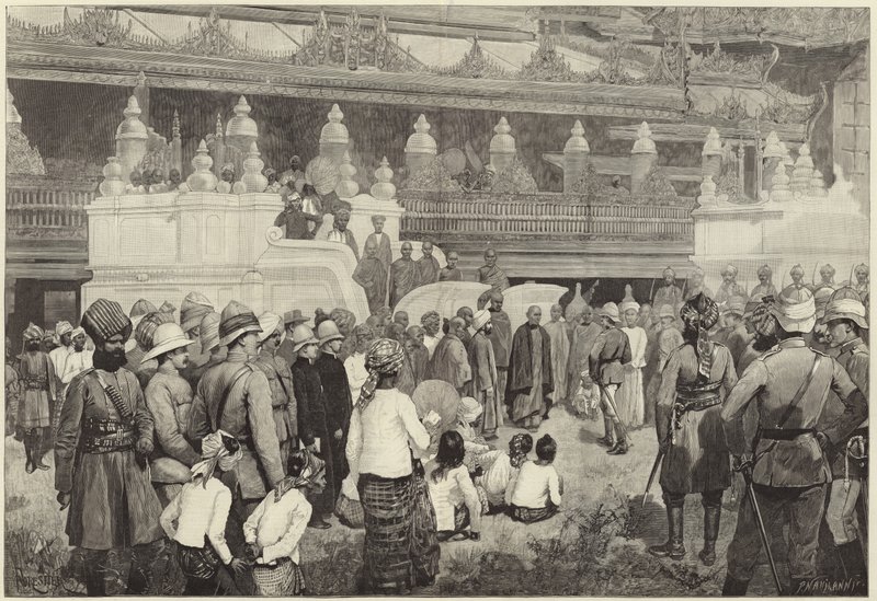 बर्मा के बौद्ध आर्कबिशप मंडलाय में मठ में सर फ्रेडरिक रॉबर्ट्स को प्राप्त करते हैं द्वारा अंग्रेजी स्कूल