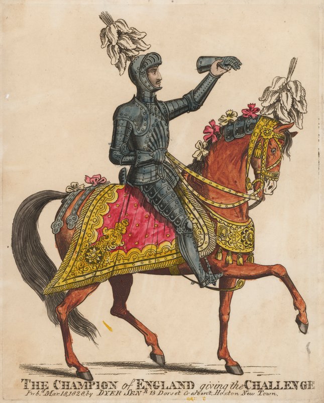 इंग्लैंड का चैंपियन चुनौती दे रहा है (रंगीन उत्कीर्णन) द्वारा अंग्रेजी स्कूल