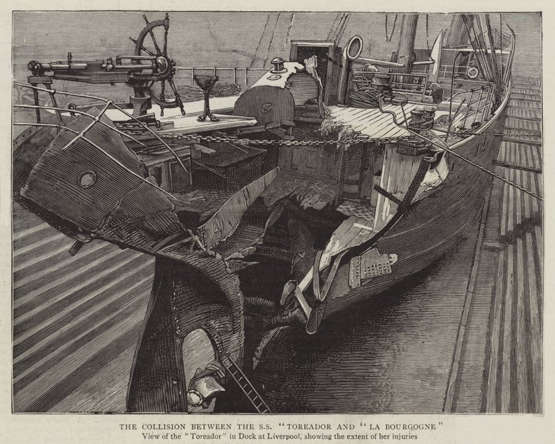 SS "Toreador" और "La Bourgogne" (उत्कीर्णन) के बीच टकराव द्वारा अंग्रेजी स्कूल