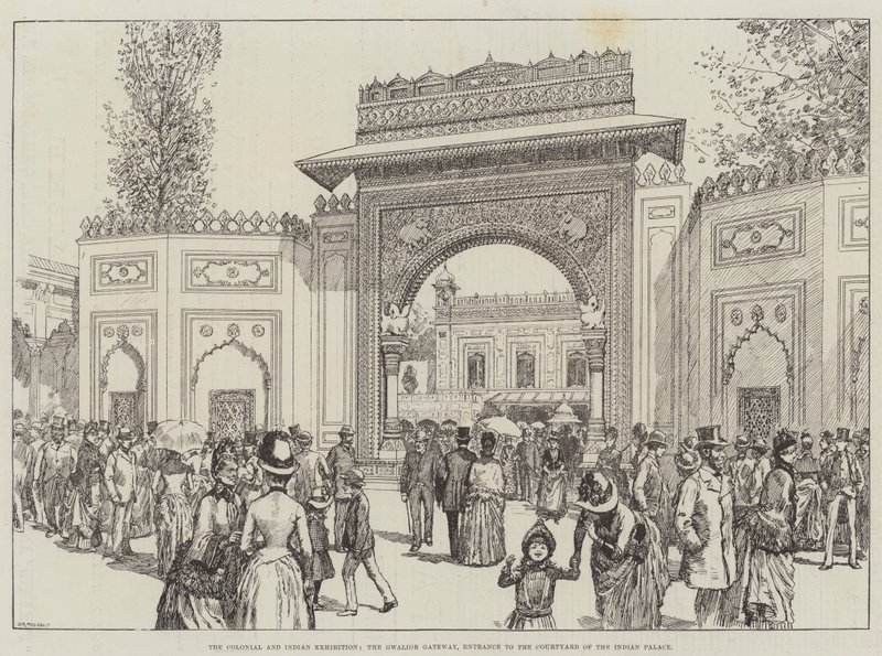औपनिवेशिक और भारतीय प्रदर्शनी, ग्वालियर गेटवे, भारतीय महल के आंगन में प्रवेश (उत्कीर्णन) द्वारा अंग्रेजी स्कूल
