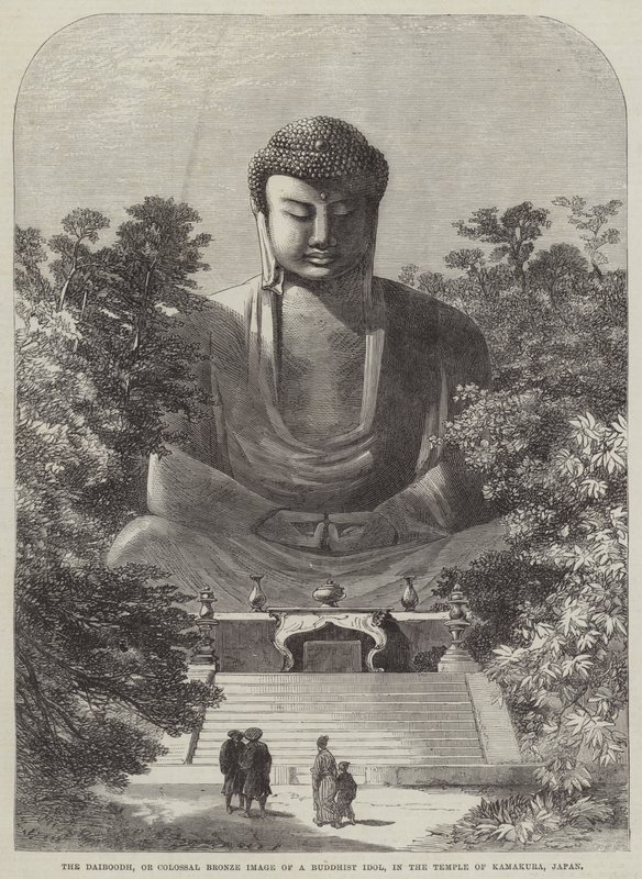 कामकुरा, जापान (उत्कीर्णन) के मंदिर में एक बौद्ध मूर्ति की दाईबुद्ध, या विशाल कांस्य छवि द्वारा अंग्रेजी स्कूल