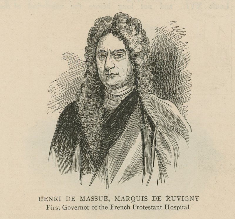 इंग्लैंड में Huguenots: हेनरी डे मस्सु, Marquis de Ruvigny, फ्रांसीसी प्रोटेस्टेंट अस्पताल के पहले गवर्नर द्वारा अंग्रेजी स्कूल