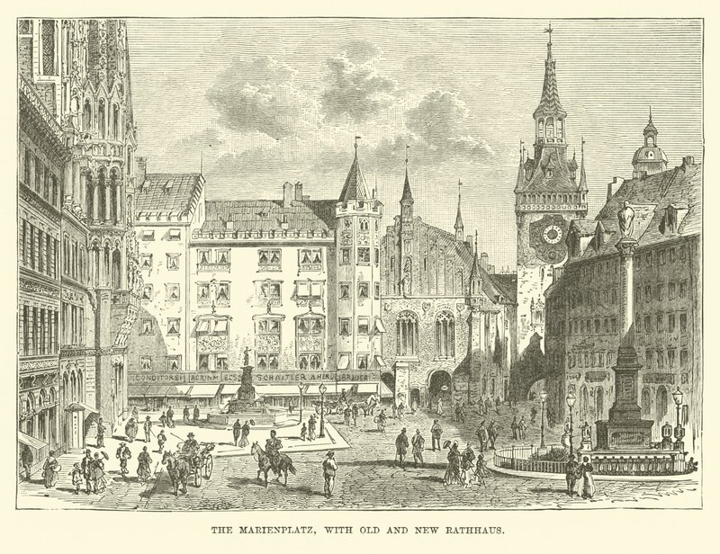 Marienplatz, पुराने और नए राथौस के साथ द्वारा अंग्रेजी स्कूल