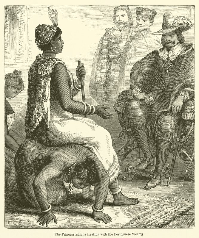 राजकुमारी झिंगा पुर्तगाली वायसराय के साथ व्यवहार करती हुई (उत्कीर्णन) द्वारा अंग्रेजी स्कूल